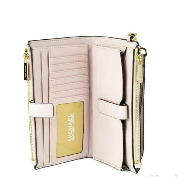 Michael Kors Jet Set Logo Large Double Zip Wristlet Wallet (Brown/Powderblush - Picture 2 of 10